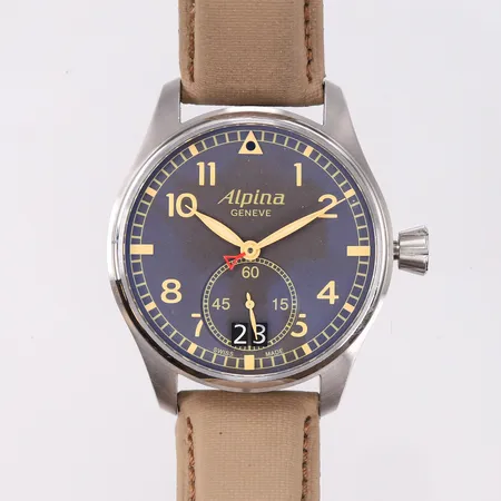 Herreur Alpina Startimer Pilot, 44mm, kvarts, skinnreim, boks, ytterboks og bruksanvisning. Utstilt på Grønland.  Vekt: 0 g Kontakt Lånekontoret for frakt