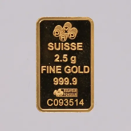 Gullbarre Suisse Fine Gold 999,9, 24K Vekt: 2,5 g