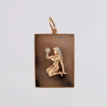 Anheng med glass/sten og blanke stener, 40x22mm, 14K, bruttovekt 9,5g. Kontakt Lånekontoret for frakt