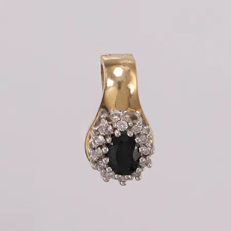 Anheng med mørk-blå sten og 12 diamanter á 0,01ct, 20x10mm, 14K Vekt: 4,5 g Kontakt Lånekontoret for frakt