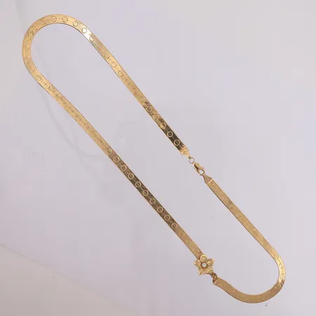 Kjede med diamant 1x ca 0,04ct, lengde 46cm, bredde 5,1- 12,6mm, 14K Vekt: 11,8 g Kontakt Lånekontoret for frakt