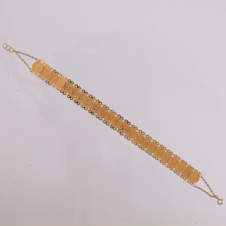 Armbånd, lengde 18,5cm, bredde 1,6- 11,8mm, 21K Vekt: 4,3 g Kontakt Lånekontoret for frakt