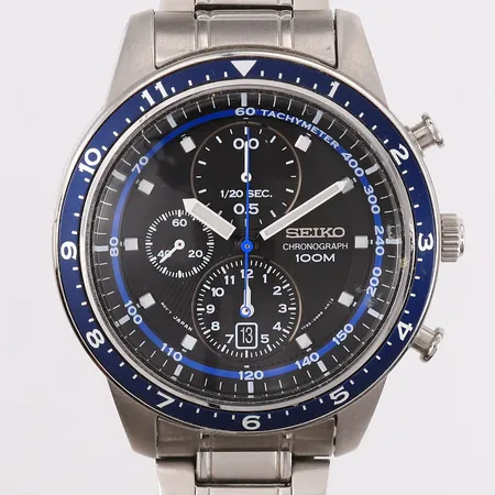 Armbåndsur Seiko Chronograph, ref 7T92-0RD0, snr 398640, ø41mm, quartz, kronograf, datum, trenger batteribytte, uten tilbehør.  Kontakt Lånekontoret for frakt
