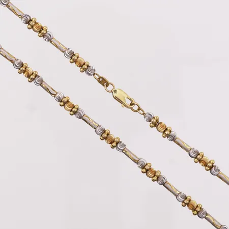 Halskjede, to-farget, lengde 53cm, bredde 2 - 4,5mm, 21K Vekt: 24,2 g Kontakt Lånekontoret for frakt