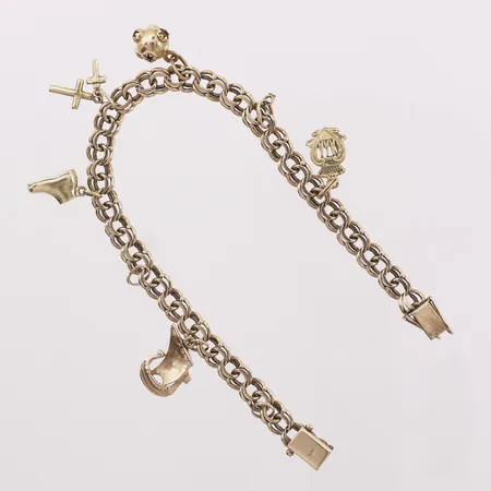 Armbånd med charms, Bismarck, lengde 21cm, bredde 6,7mm, 2 charms mangler, 14K Vekt: 19,7 g Kontakt Lånekontoret for frakt