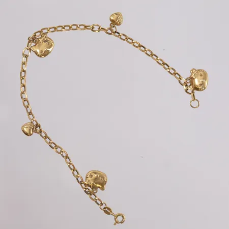 Armbånd med 5 charms, lengde 19cm, bredde 0,7- 15mm, 18K Vekt: 3,6 g Kontakt Lånekontoret for frakt