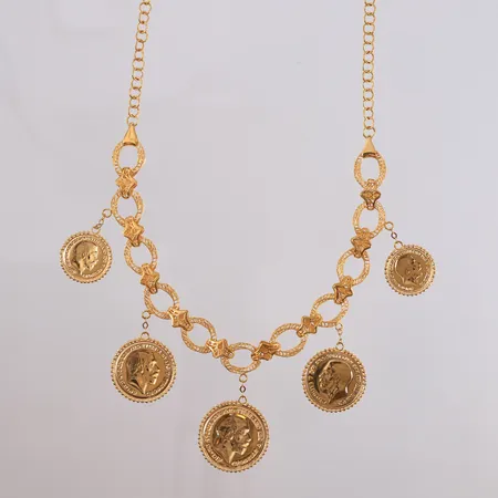 Collier med fem mynter, lengde ca 44cm, 21K.  Vekt: 16,5 g Kontakt Lånekontoret for frakt