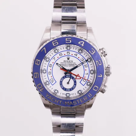 Herreklokke, Rolex Oyster Perpetual Yacht-Master II, stål, automat, ref-nr 116680, serie-nr 0721J353, boett 2100, cal 4161, verk-nr C3E22686, ripete, med sertifikat år 2016 fra Hellas, boks uten pute, ytterkartong (slitt) Kontakt Lånekontoret for frakt