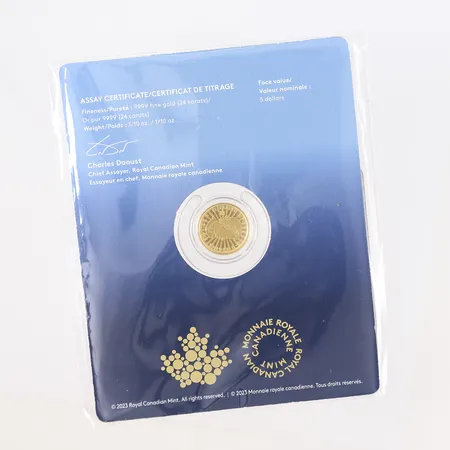 Gullmynt 1/10 oz, "2023 The Majestic Polar Bear and Cubs", Royal Canadian Mint, 5 CAD, opplag 5.000, 24K (99,99%), ubrutt forsegling, kvittering medfølger Vekt: 3,1 g Kontakt Lånekontoret for frakt