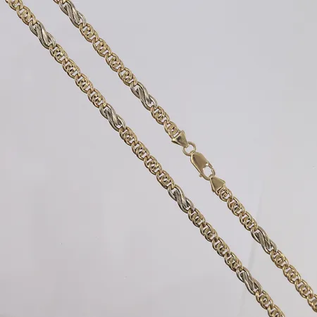 Kjede, to-farget, lengde 53cm, bredde 5mm, 14K Vekt: 17,7 g Kontakt Lånekontoret for frakt