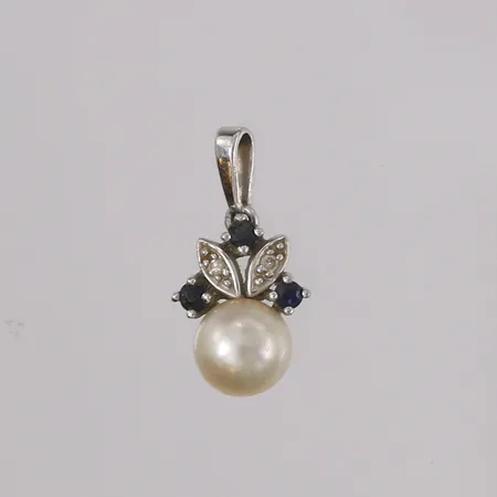 Anheng med perle, tre mørk-blå stener og to hvite/blanke stener, 20x11mm, 14K Vekt: 2 g Kontakt Lånekontoret for frakt