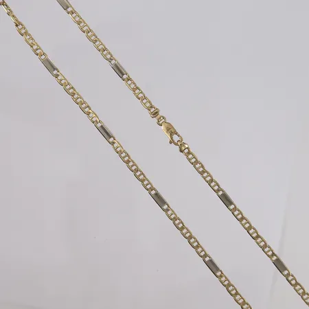 Kjede, to-farget, lengde 82,5cm, bredde 3,5mm, 14K Vekt: 23 g Kontakt Lånekontoret for frakt