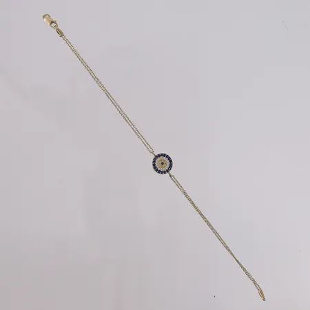 Armbånd med blanke og mørk-blå stener, lengde 17,5cm, bredde 1- 10mm, mangler én sten, defekt/røket ved lås, 14K Vekt: 2,1 g Kontakt Lånekontoret for frakt