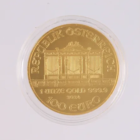 Gullmynt, Wiener Philharmoniker, 1oz, 100 Euro, år 2024, 24K, leveres i myntkapsel Vekt: 31,1 g Kontakt Lånekontoret for frakt