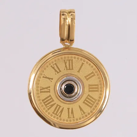 Anheng med blank mørk sten, to-farget, ø21mm, 18K Vekt: 2,6 g Kontakt Lånekontoret for frakt