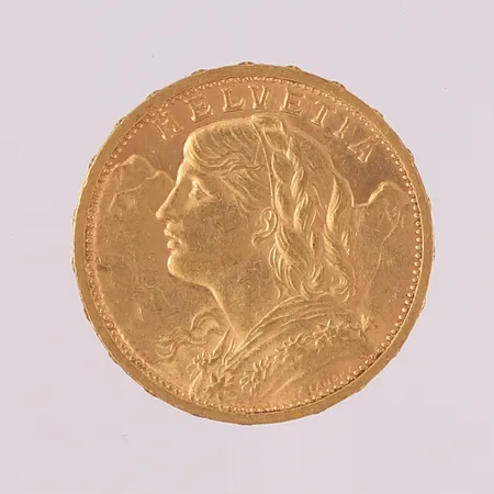 Gullmynt, 20 Franc Helvetia år 1905, 21,6K Vekt: 6,4 g Kontakt Lånekontoret for frakt