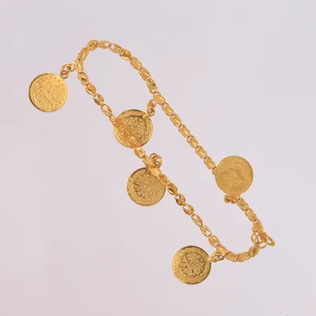 Armbånd med fem "mynter", lengde 20cm, bredde 2,3- 19mm, 21K Vekt: 6,5 g Kontakt Lånekontoret for frakt