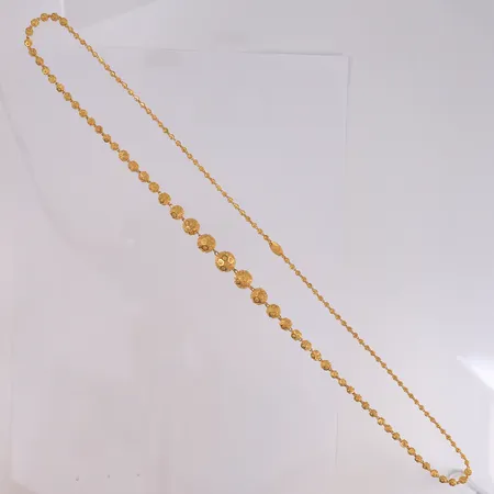 Halssmykke, dosert, lengde 66cm, bredde 2,4- 10,3mm, 22K Vekt: 29,7 g Kontakt Lånekontoret for frakt