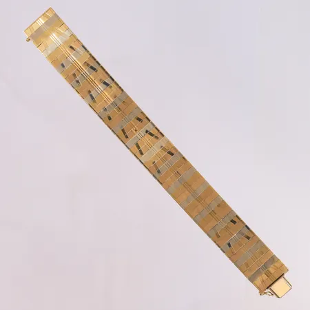 Armbånd, 3-farget, lengde 19,5 cm, bredde 20 mm, 18K. Vekt: 51,3 g Kontakt Lånekontoret for frakt