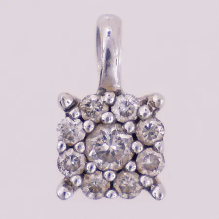 Anheng med diamanter, 1 x ca 0,04ct, 8 x ca 0,01ct, lengde 8,7mm, bredde 5,2mm, hvitt gull, 9K Vekt: 0,6 g Kontakt Lånekontoret for frakt