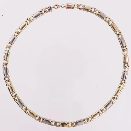 Halskjede, to-farget, lengde 41cm, bredde 6,1mm, to-farget, feilstemplet 21K, 14K Vekt: 27,1 g Kontakt Lånekontoret for frakt