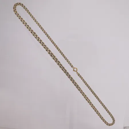 Kjede Bismarck, lengde 50cm, bredde 3-5mm, noe treghet i lås, 14K Vekt: 17,3 g Kontakt Lånekontoret for frakt