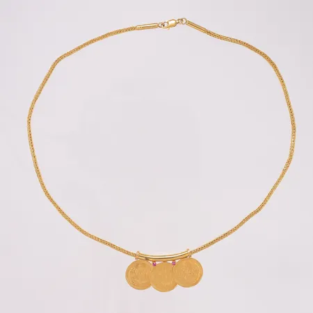 Halssmykke med to lilla stener, lengde 44cm, bredde 2-21mm, 22K Vekt: 24,3 g Kontakt Lånekontoret for frakt