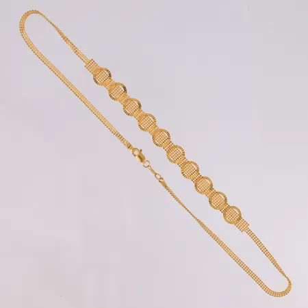 Kjede, lengde 41,5cm, bredde 2,7- 9,5mm, 21K Vekt: 10 g Kontakt Lånekontoret for frakt