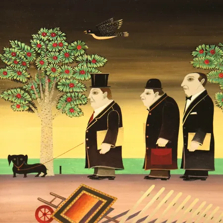 D.G.A. av Jan Baker, "Kreditorenes innmarsj", 2/60, signert, datert 2024, motivformat 61 x 45cm, ingen ramme medfølger Kontakt Lånekontoret for frakt