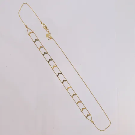 Halssmykke, lengde 37cm, bredde 0,7- 6,9mm, liten knute ved lås, 14K Vekt: 3,5 g Kontakt Lånekontoret for frakt