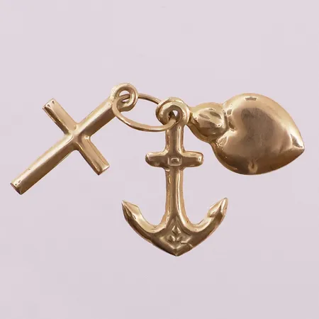 Anheng med kors, anker og hjerte, lengde ca 16,5mm, bredde ca 2mm, 14K Vekt: 0,4 g Kontakt Lånekontoret for frakt