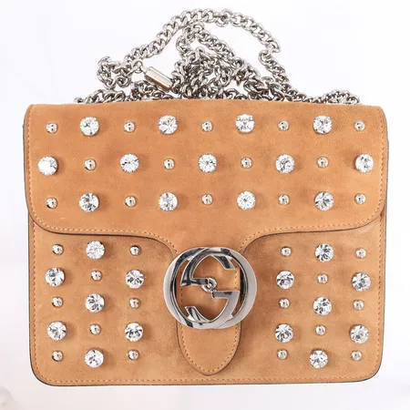 Veske, Gucci Interlocking GG Crystals Bag, brown suede, MÅL: 20x16x5 cm, med dustbag, uten kvittering/papirer Kontakt Lånekontoret for frakt