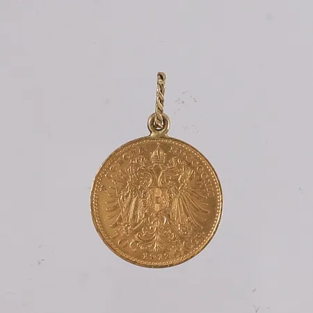 Anheng med medalje/mynt Frans Josef I, år 1912, ø20mm, 22K (festering er 14K), bruttovekt 3,6g Vekt: 3,6 g Kontakt Lånekontoret for frakt