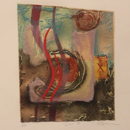 Litografi av Russell Baker, 30/250, innrammet med rød passepartout, rammeformat: 68 x 54cm, motivformat: 30 x 25cm Kontakt Lånekontoret for frakt