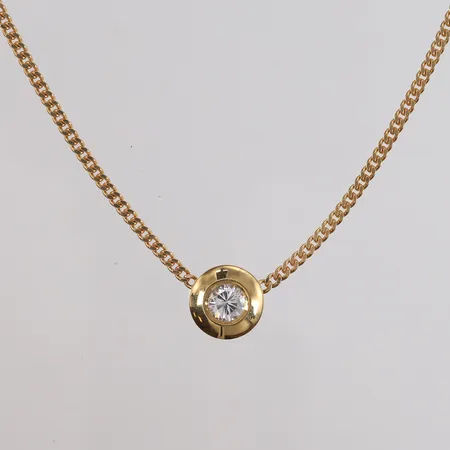 Halssmykke med blank sten, lengde 41cm, bredde 2,6- 13,5mm, 14K, bruttovekt 12,8g Vekt: 0 g Kontakt Lånekontoret for frakt