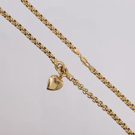 Halskjede Erte (hult) med hjerte-anheng, lengde 45cm, bredde 2,1- 27,1mm, 14K Vekt: 18,3 g Kontakt Lånekontoret for frakt