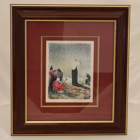 Litografi av Elling Reitan, 139/275, innrammet med rød passepartout, rammeformat: 37 x 33cm, motivformat: 17,5 x 13,5cm Kontakt Lånekontoret for frakt