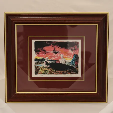 Litografi av Elling Reitan, 154/275, innrammet med rød passepartout, rammeformat: 37 x 33cm, motivformat: 17,5 x 13,5cm Kontakt Lånekontoret for frakt