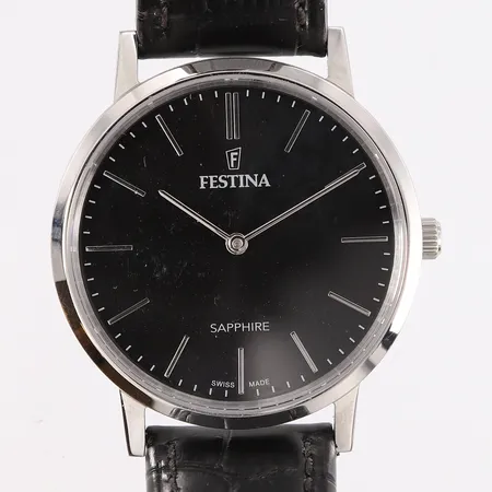 Festina, ref. F20012, stål, quartz, ø39mm, lær-rem, sort urskive, safirglass, behøver batteribytte, med boks og garantihefte Kontakt Lånekontoret for frakt