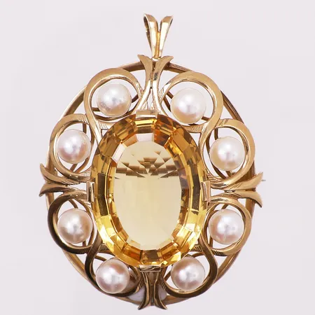 Brosje med perler og gul sten, lengde 5,5 cm, bredde 39 mm, 14K Vekt: 20,8 g Kontakt Lånekontoret for frakt