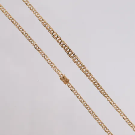 Halskjede bismarck, dosert, lengde ca 44cm, bredde ca 4-6mm, 14K gull.  Vekt: 10,8 g Kontakt Lånekontoret for frakt