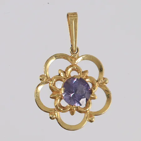 Anheng med lilla sten, høyde ca 32mm, bredde ca 21mm, 14K gull.  Vekt: 1,8 g Kontakt Lånekontoret for frakt