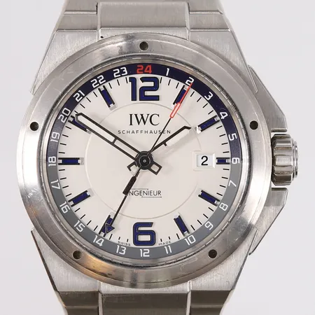 Armbåndsur IWC Ingenieur Dual Time, ref IW324404, boettnr 5256055, ca 43mm, stål, automat, sertifikat Royal Jewelers USA år 2014, to ekstra lenkeledd, papir, boks.  Kontakt Lånekontoret for frakt