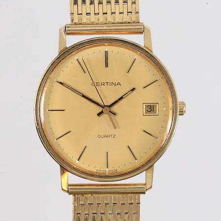 Armbåndsur i gull, Certina, ø33,5mm, quartz, bredde på rem 16,2mm, viser dato, riper på glass, behøver batteribytte, urkassens bakside er gravert, med originalboks, 14K i urkasse og lenke, bruttovekt 59,1g Kontakt Lånekontoret for frakt
