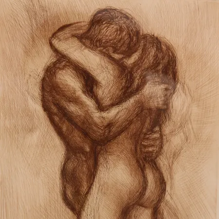 Koldnålsradering av Per Ung, "Kysset", eget trykk, laget i 50 eksemplarer, rammeformat: 47 x 35cm, motivformat: 26 x 16cm, innrammet og signert Kontakt Lånekontoret for frakt