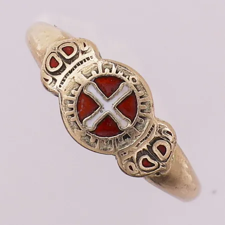 Ring med emalje, Ø 21,9 mm, bredde 3,5 - 8,9 mm, 14K Vekt: 5,2 g Kontakt Lånekontoret for frakt