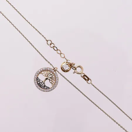 Halskjede med anheng og klare stener, lengde 45,4 cm, bredde 13,4 mm, 14K Vekt: 2,4 g Kontakt Lånekontoret for frakt