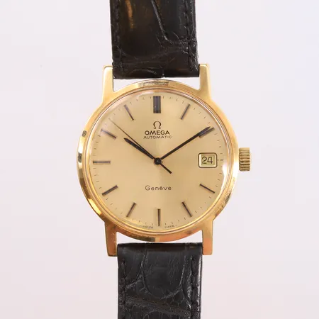Omega Genève, ref. 166 163, snr. 35428512, cal. 1012, ø34mm, automatisk, dato, pleksiglass, lær-rem, gravert baklokk, uten boks og tilbehør, 14K Kontakt Lånekontoret for frakt