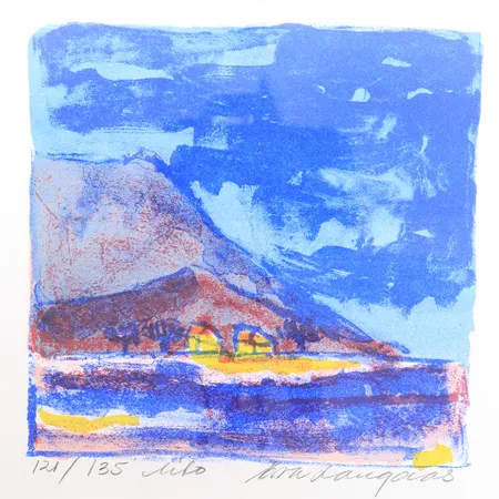 Litografi av Eva Langaas, signert, 121/135, sølvfarget ramme, rammeformat: 33 x 32cm, motivformat: 14 x 14 cm Kontakt Lånekontoret for frakt
