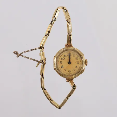 Armbåndsur i gull, lengde ca. 15cm, ø21mm, serienr. 39086, manuell, defekt/fungerer ikke, gravert baklokk, 14K, bruttovekt 11,6g Kontakt Lånekontoret for frakt